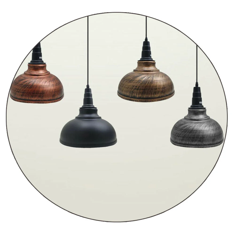 Industrial pendant lighting hanging from ceiling, black iron shade with white inner, brass details, E27 socket, modern style.