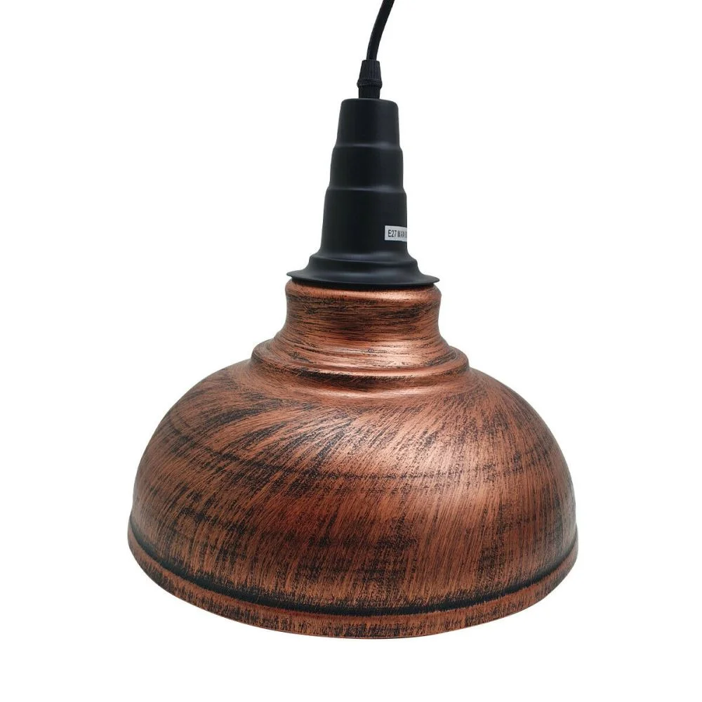 Black metal pendant light with white interior, brushed copper accents, 290mm diameter.
