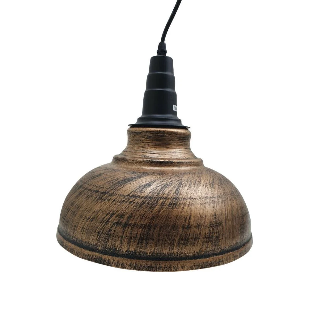 E27 pendant lamp featuring a 290mm black iron shade with white inner, mounted on a branded metal bracket.
