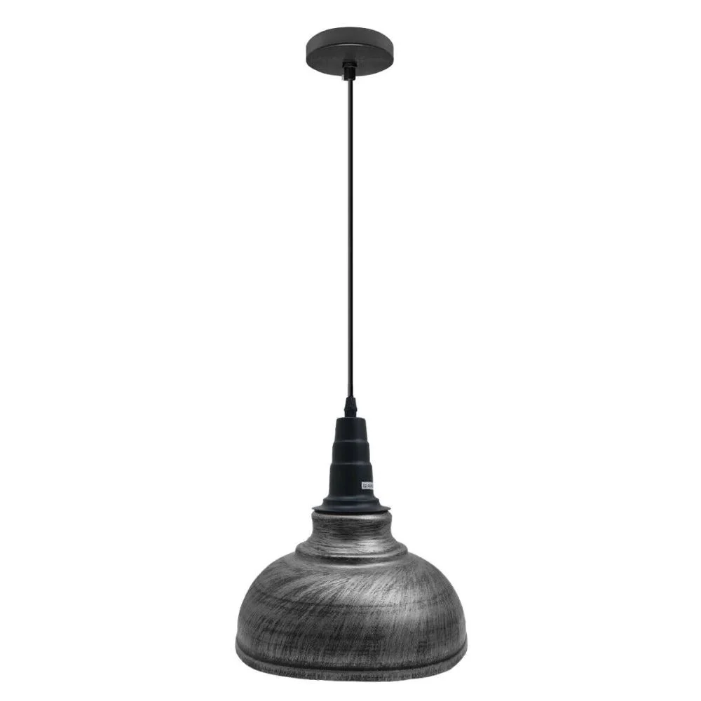 Adjustable pendant lighting, black iron shade with white inner and brushed copper accents, hanging from ceiling.