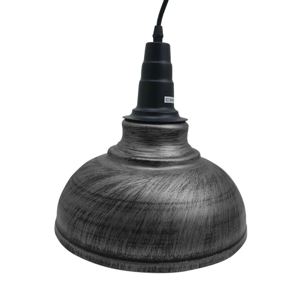 Iron pendant lampshade with black shade and silver inner, suspended on a black rail with an E27 socket.