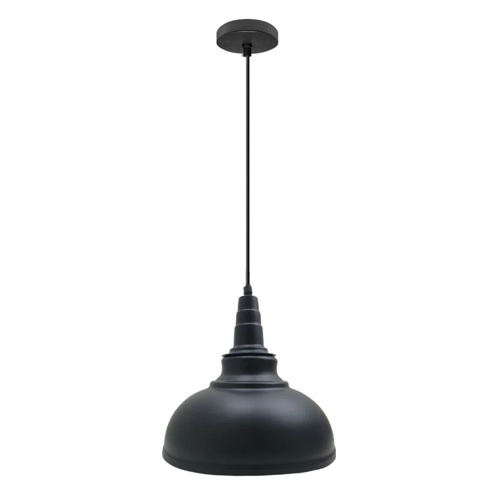 Industrial pendant lighting with a large black shade, white inner, iron frame, hanging from ceiling.