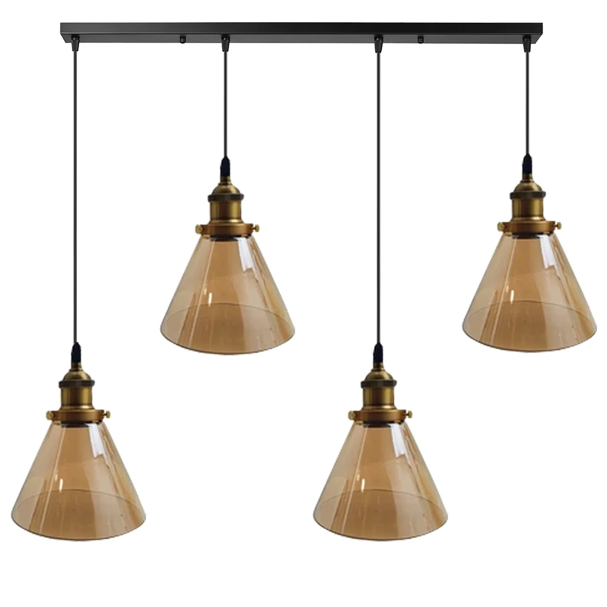Four industrial pendant lights hanging in a cluster with amber glass shades and black metal finish.