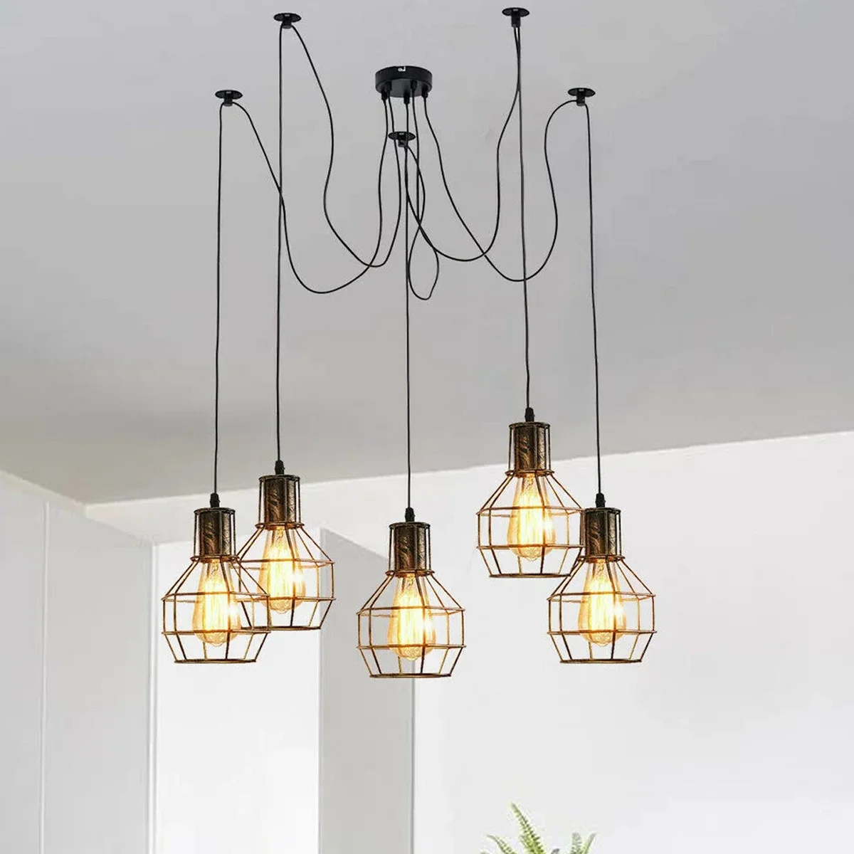 Adjustable spider ceiling light with brushed copper metal cage, 200cm PVC hanging cable, vintage industrial design