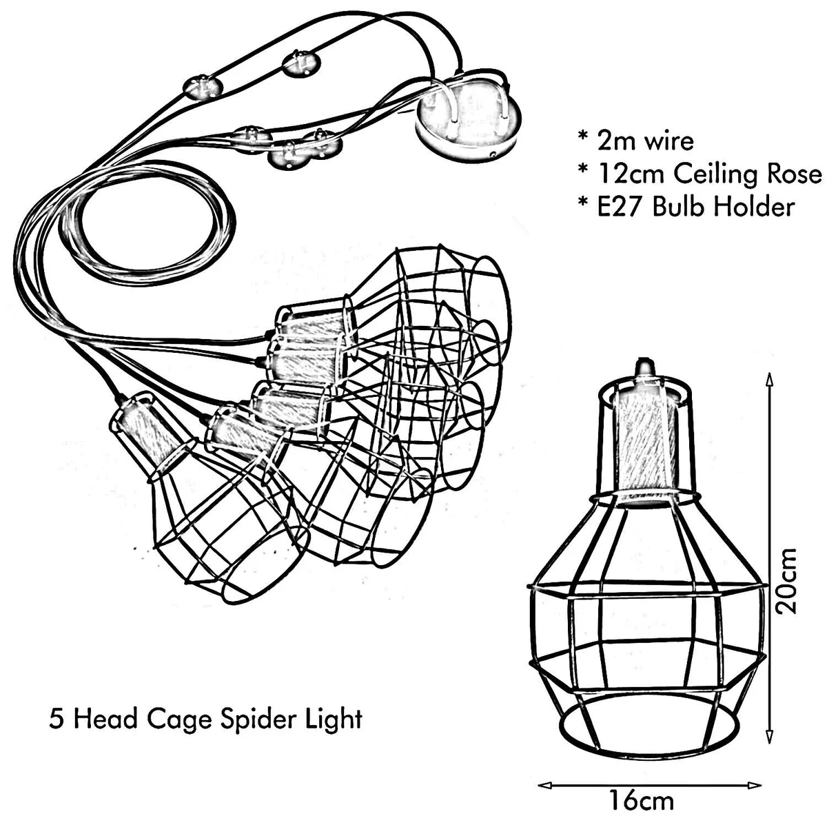 Five adjustable spider‑shaped E27 light fixture with brushed copper metal cages, hanging by PVC cable.