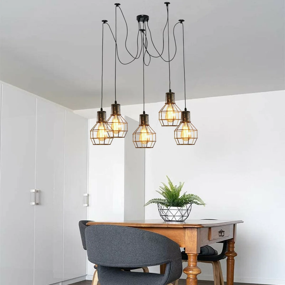 Spiral brushed copper metal wire cage lamp with spider design, adjustable E27 pendant