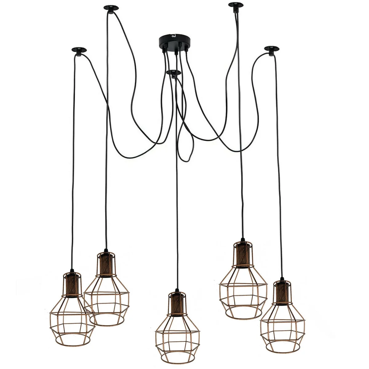 Spider shape vintage ceiling light with brushed copper metal cage, multi‑cable setup, E27 sockets, metal pendants and PVC cord 200cm