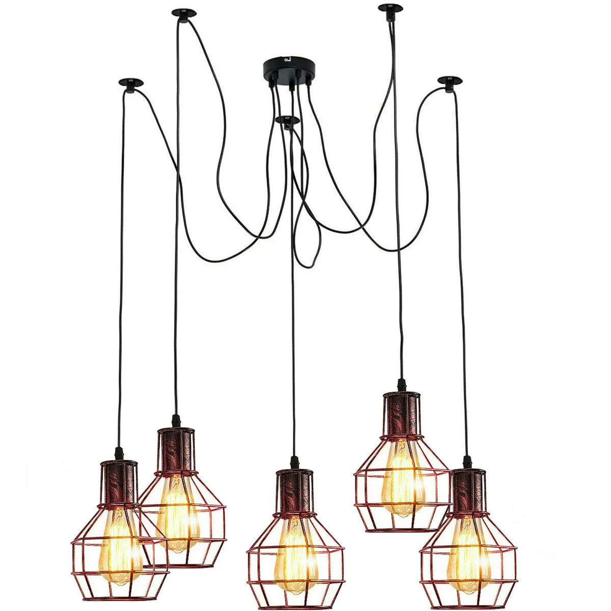 Adjustable spider ceiling light with brushed copper metal wire cages, five E27 holders, 200 cm hanging cable