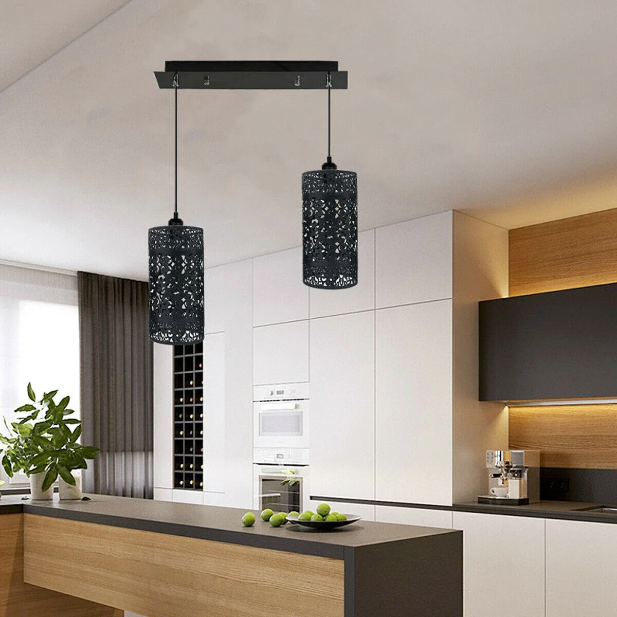 Black double head pendant light with metal cage shade, rustic black finish, 40 cm diameter.
