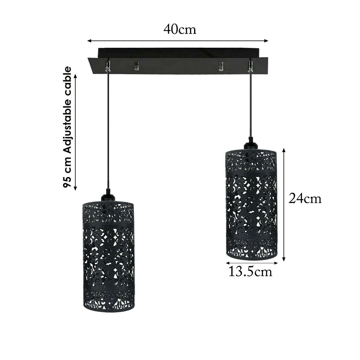 Black metal double‑head cage dimmable pendant light with 40cm rustic shade and two E27 holders, optional dimmer compatible