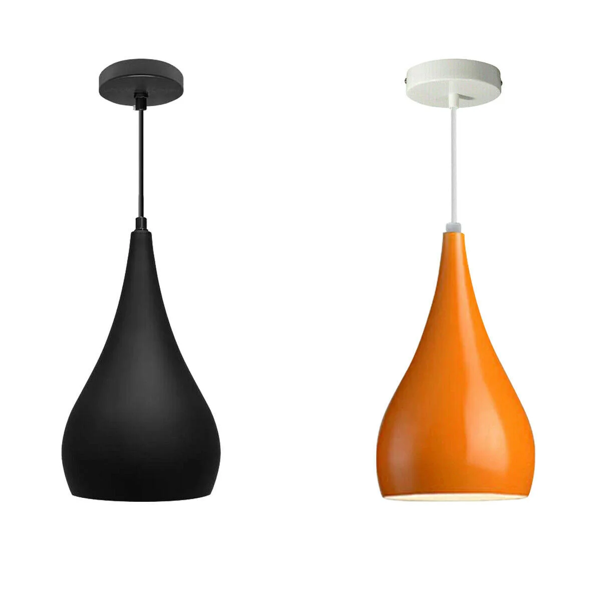 Black and orange iron teardrop ceiling light with angled brushed nickel dome shade and E27 holder.