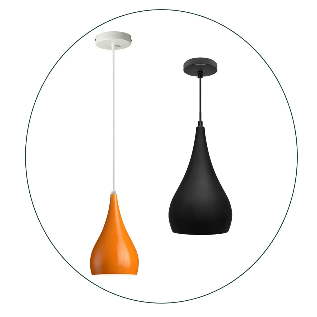 E27 pendant light with black and orange teardrop metal design, brushed nickel finish, ceiling pendant.