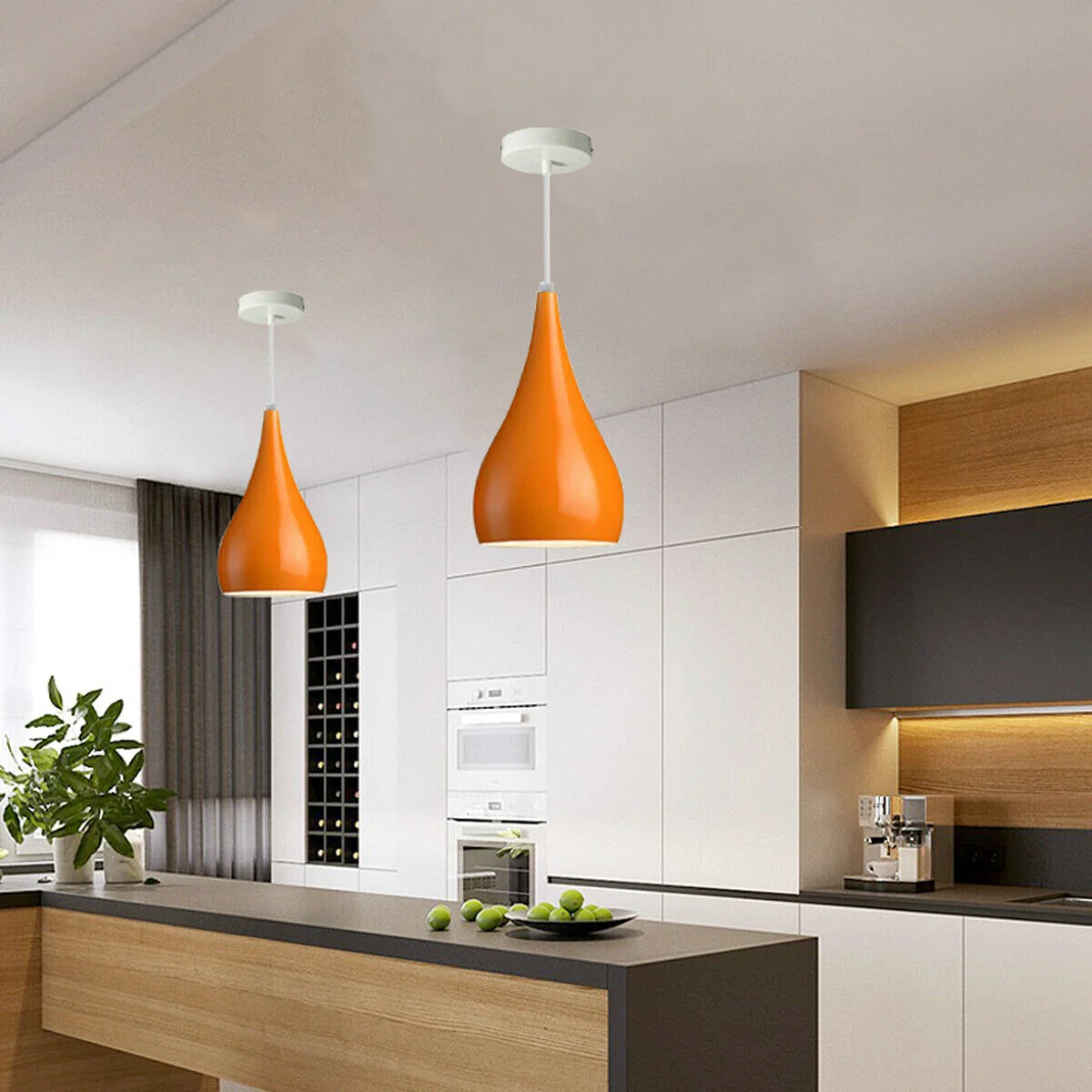 Black and orange iron ceiling light, brushed nickel finish, teardrop shaped, suitable for living room or kitchen island.