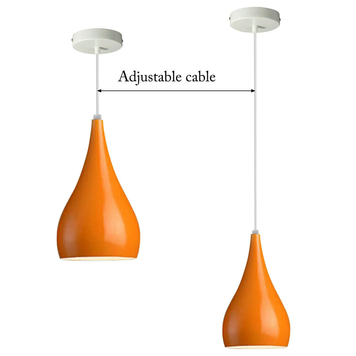 Contemporary pendant lamp in black and orange with teardrop shape, brushed nickel finish, E27 base, mounted on ceiling