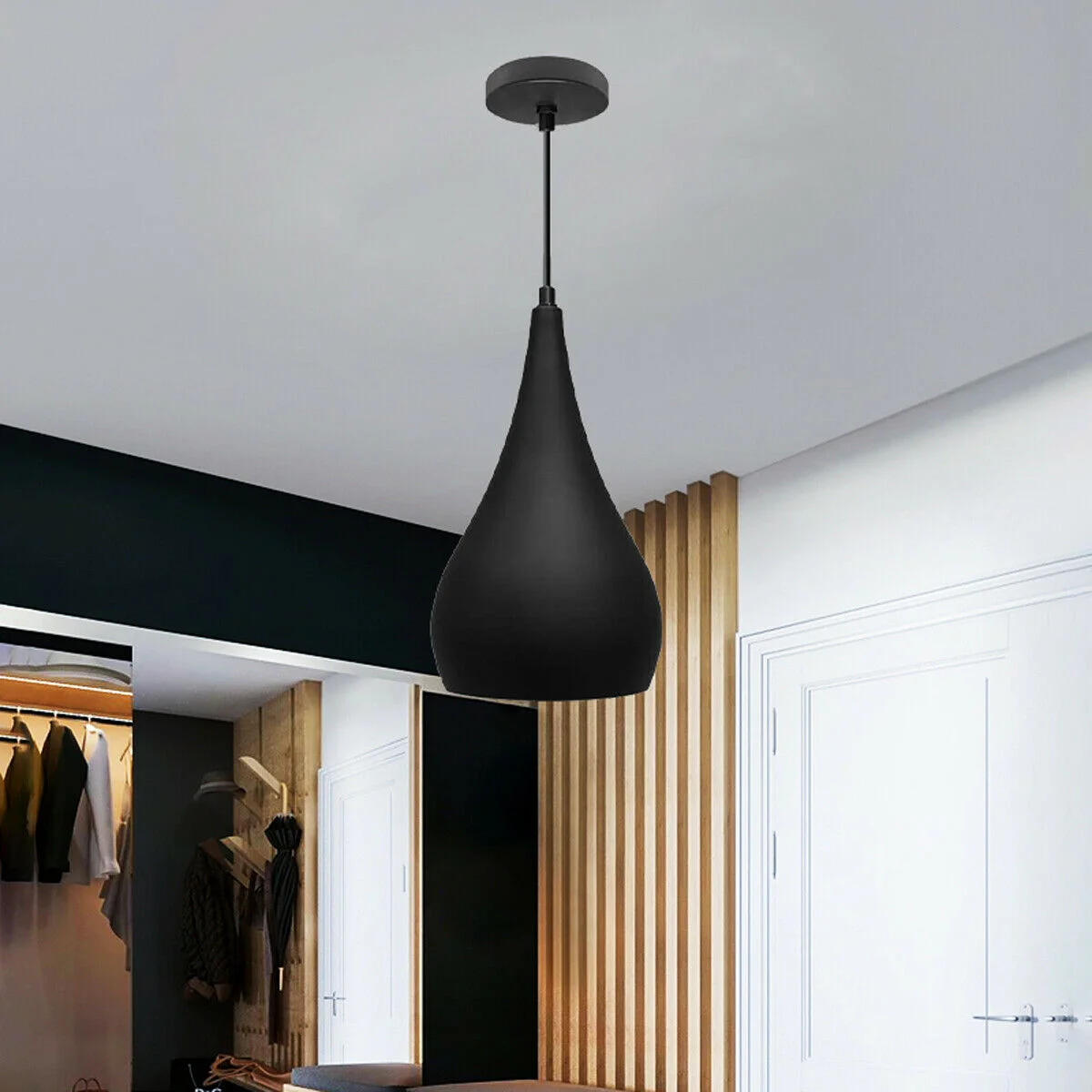 Industrial pendant light with black and orange teardrop style, metal body, brushed nickel finish, white interior hood, E27 base.