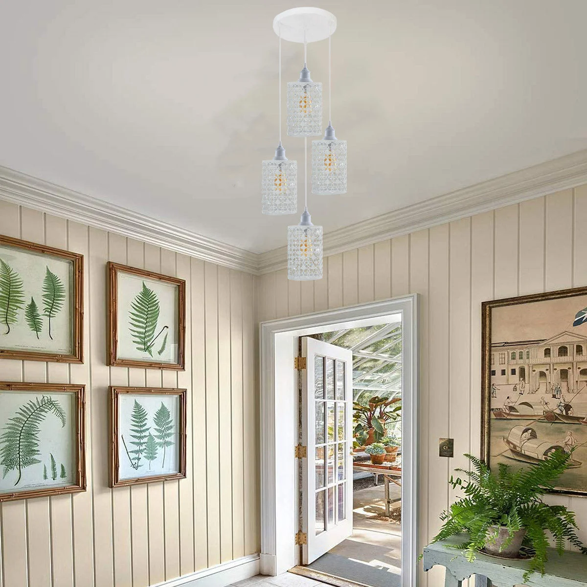 White 4 light holder pendant ceiling light with metal frame, PVC cable, 95cm length, round base