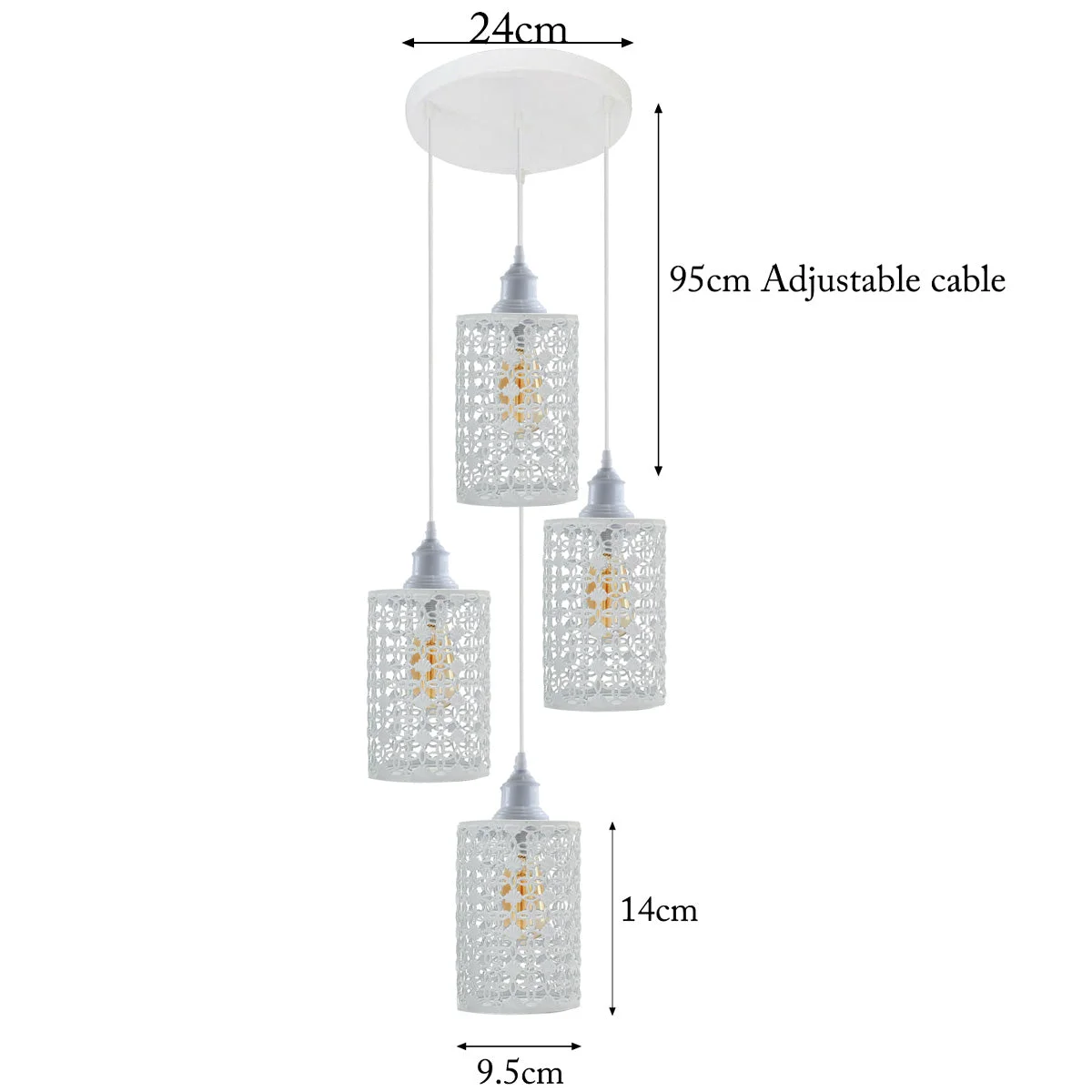 White adjustable pendant ceiling light with four metal E27 holders and 95 cm PVC cable, mounted on a 24cm×2.5cm round base.