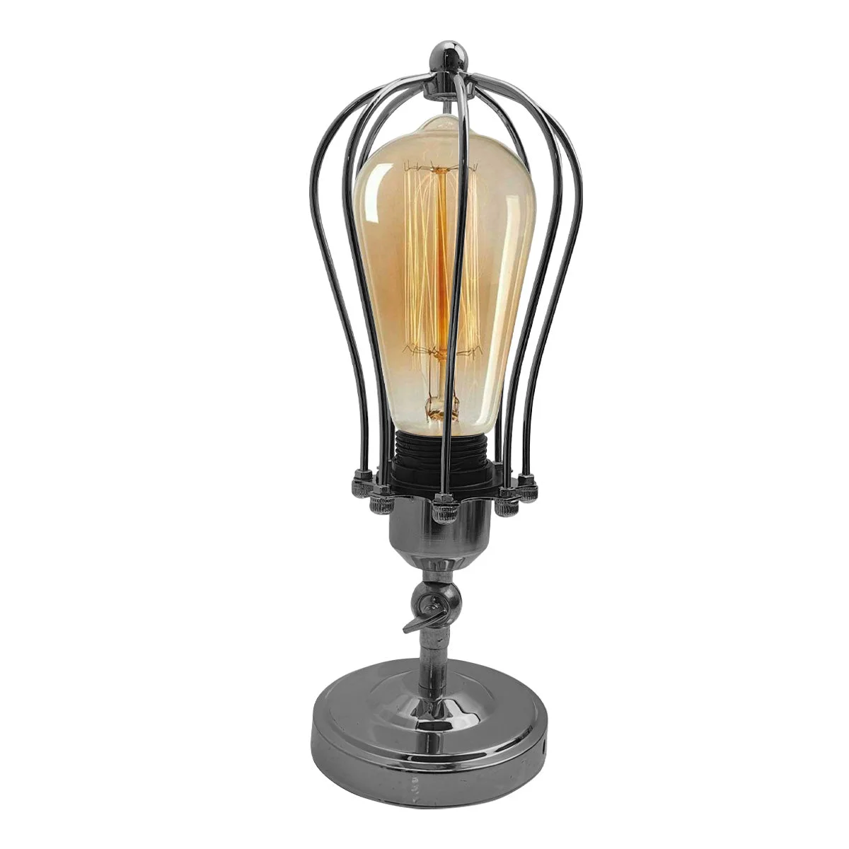 Industrial ceiling light with hexagonal chrome cage, adjustable arm, retro style, metal finish and E27 socket base.