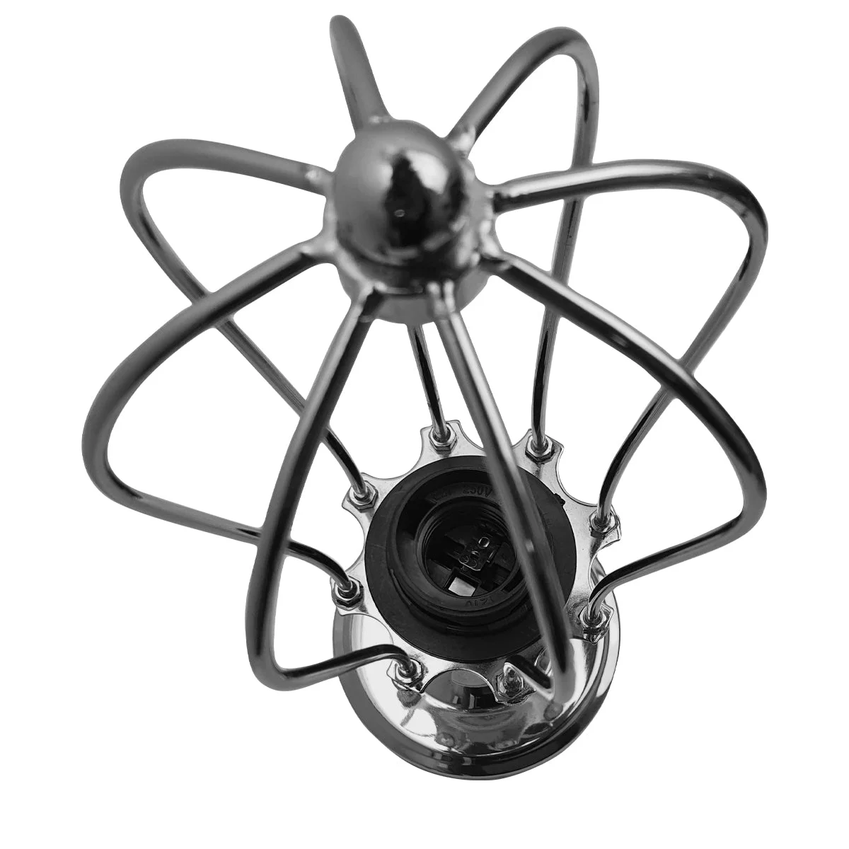 Retro ceiling light with a metal cage in chrome and French gold finish, hanging from the ceiling with an adjustable arm.
