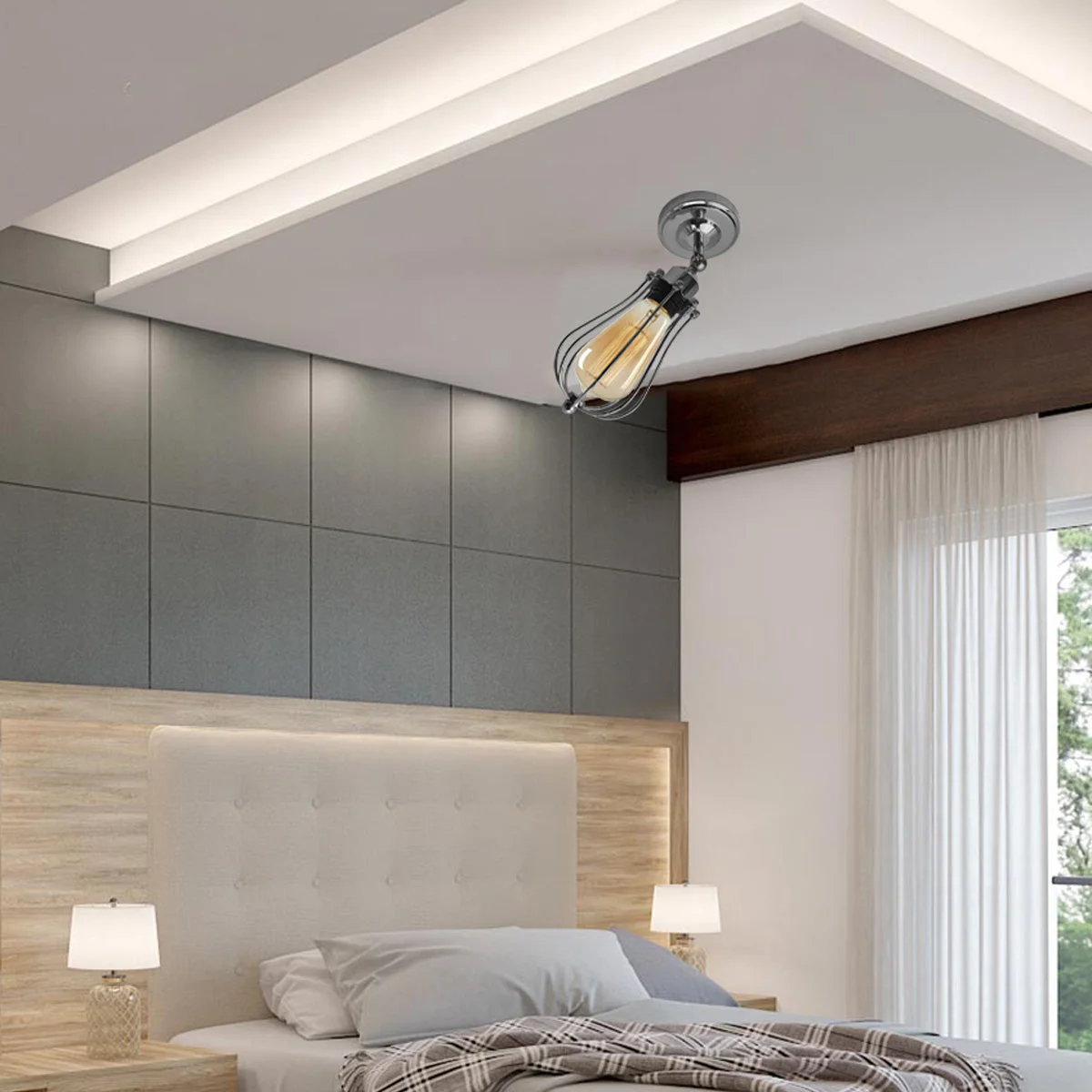Industrial ceiling light featuring a metal hexagonal cage with an adjustable arm, glossy finish and chrome accents.