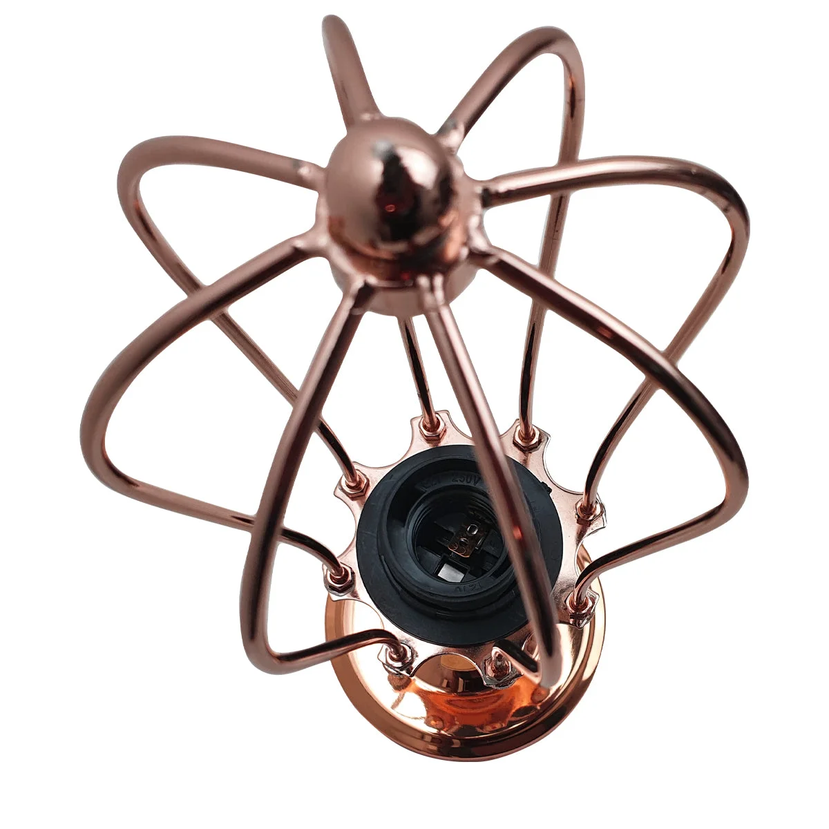 Modern industrial ceiling light with metal cage and adjustable arm, glossy rose gold finish.