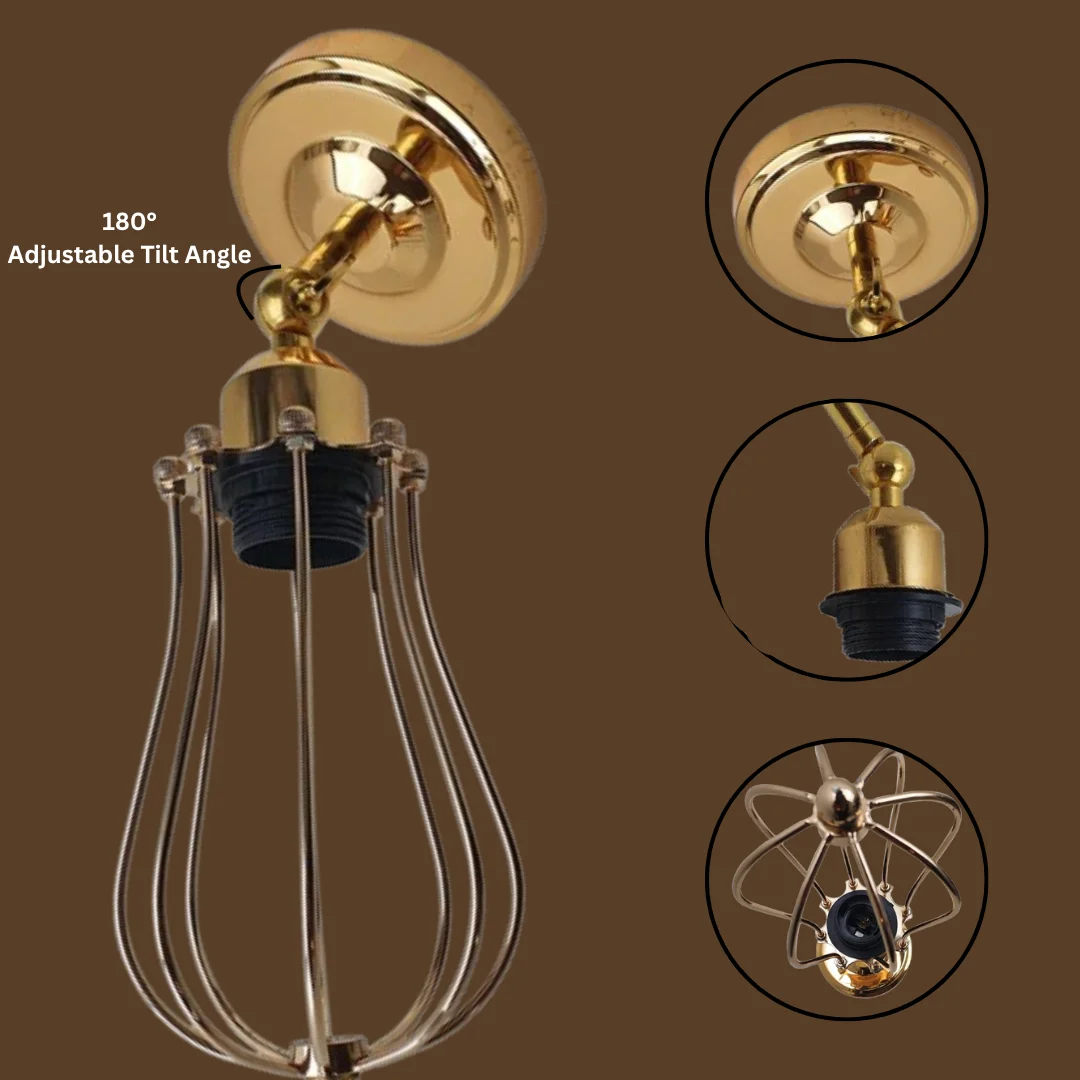 Modern metal cage flush light with hexagonal chrome cage and gold finish mounted on ceiling