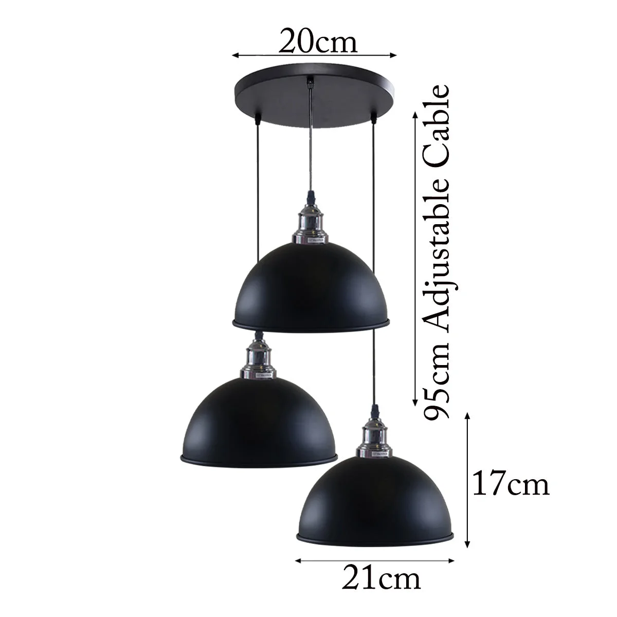 Industrial 3-light pendant with black finish, brass accents and gold interior, suspended by 95 cm PVC cables.