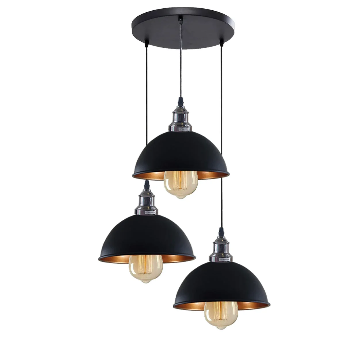 Industrial 3‑light pendant E27 ceiling light in black with brass accents, gold‑tinted interior, 95 cm adjustable PVC cables
