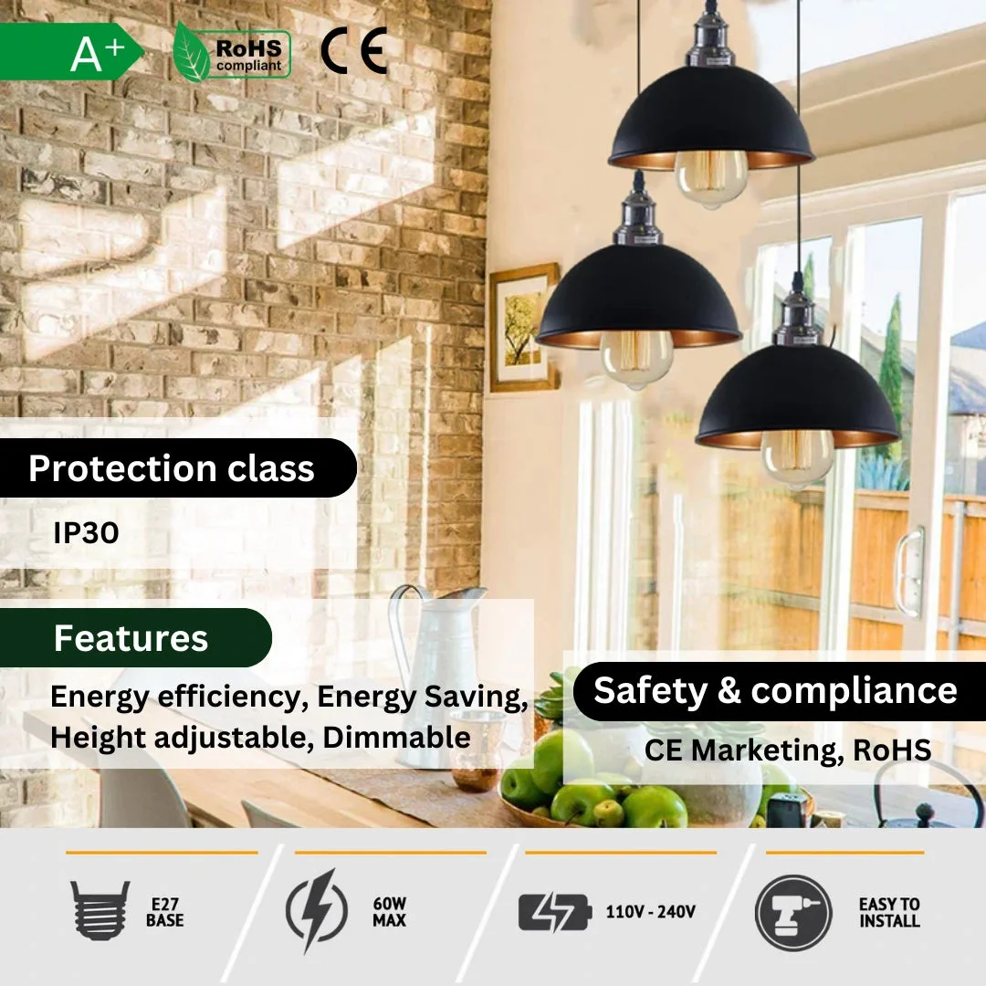 Three-brass accented metal pendant lamp with black finish and gold interior, hanging from adjustable PVC cables