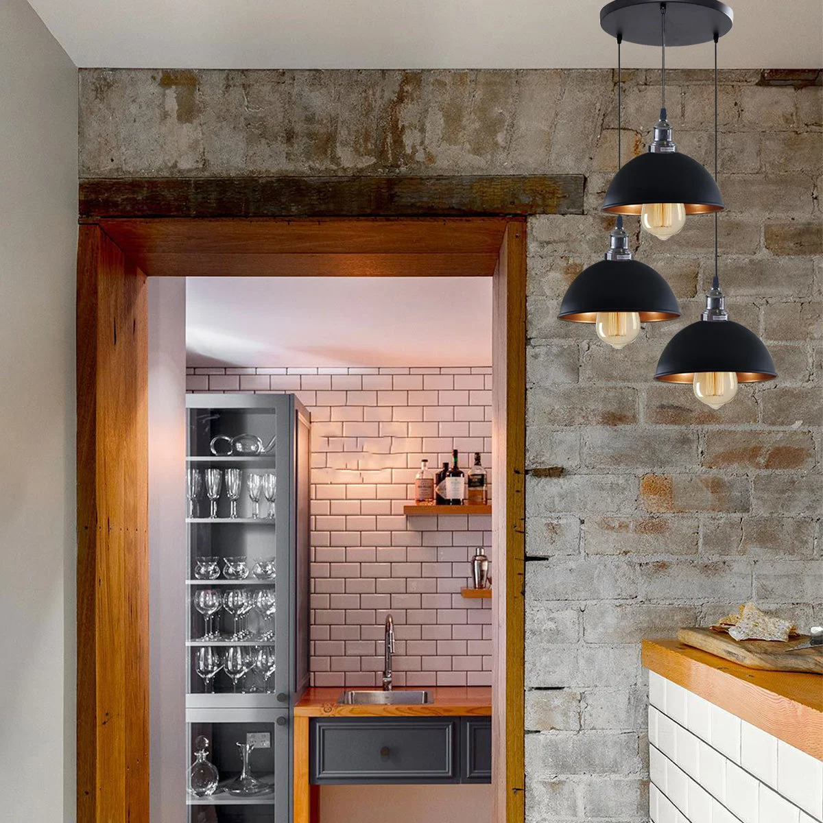 Industrial pendant light with three black metal lamps, brass sockets, gold interior, 21cm shades, 95cm adjustable cables