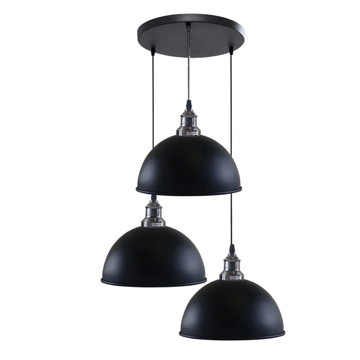 industrial pendant light with three black metal shades, brass E27 sockets, gold interior, hanging via 95cm PVC cables.