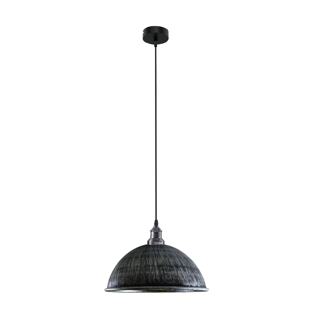 Industrial ceiling pendant light in brushed silver with white interior dome, 21cm shade, 95cm hanging cable.