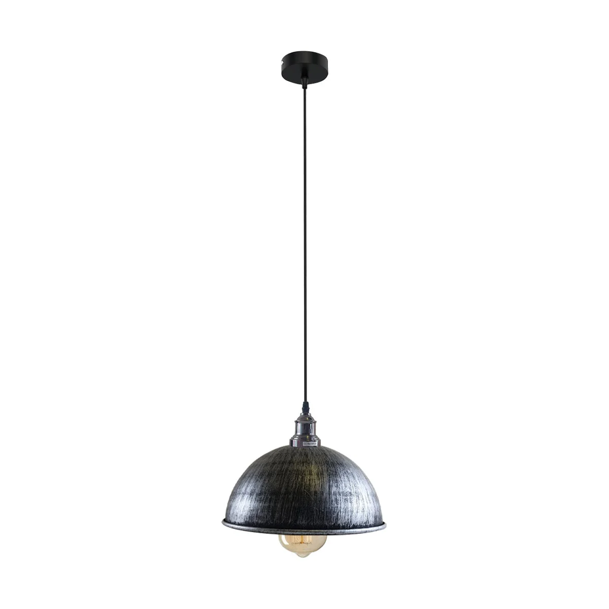 Brushed silver pendant light with modern dome shade hanging from ceiling, angled base for sloped ceilings, sleek industrial style.
