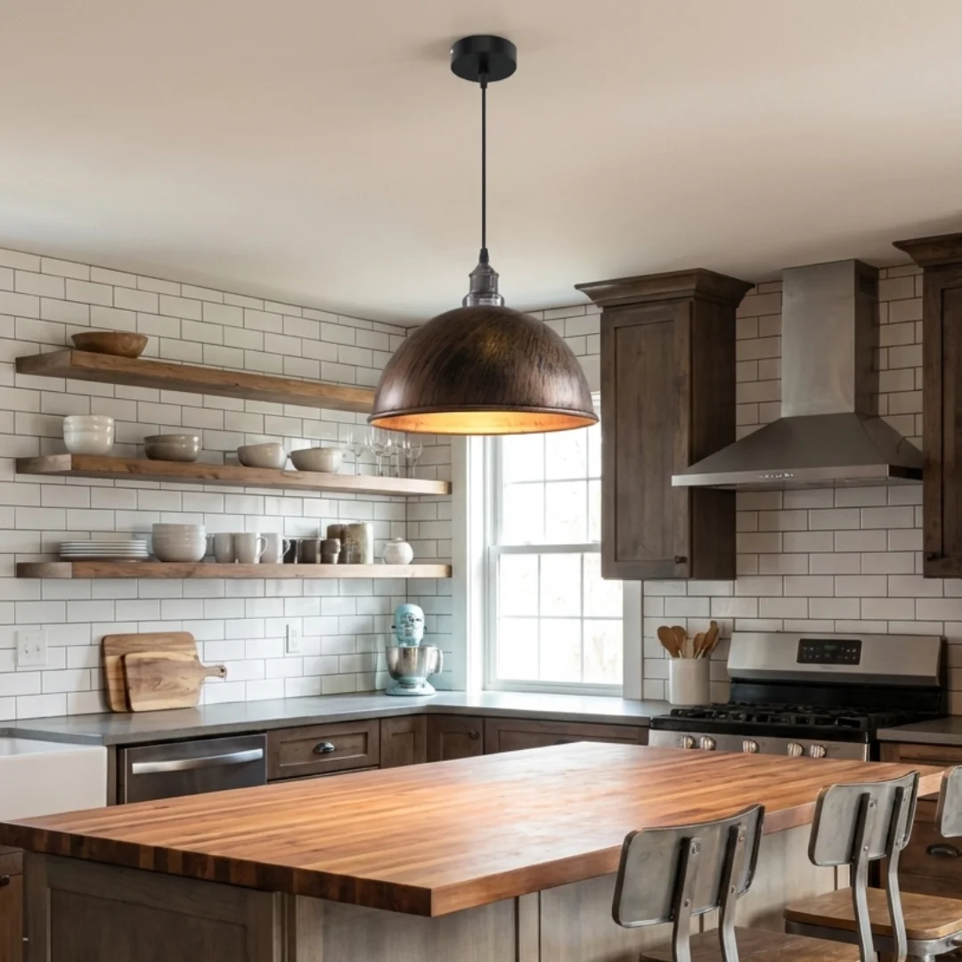 retro copper pendant light with brushed nickel dome, white interior, angled base, hanging from ceiling.