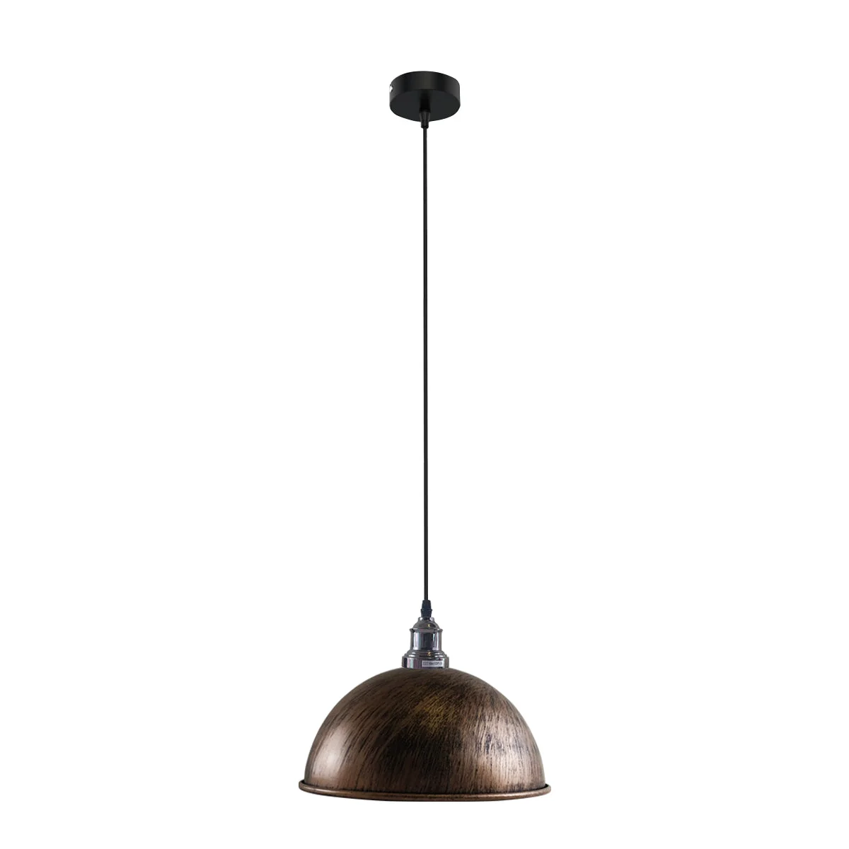 E27 pendant light with brushed nickel dome, white inner hood, angled base, PVC cable, 95 cm length.