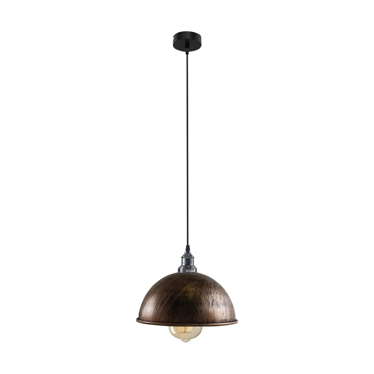 Brushed nickel dome pendant lamp hanging over kitchen island lighting, white interior shade, E27 base.