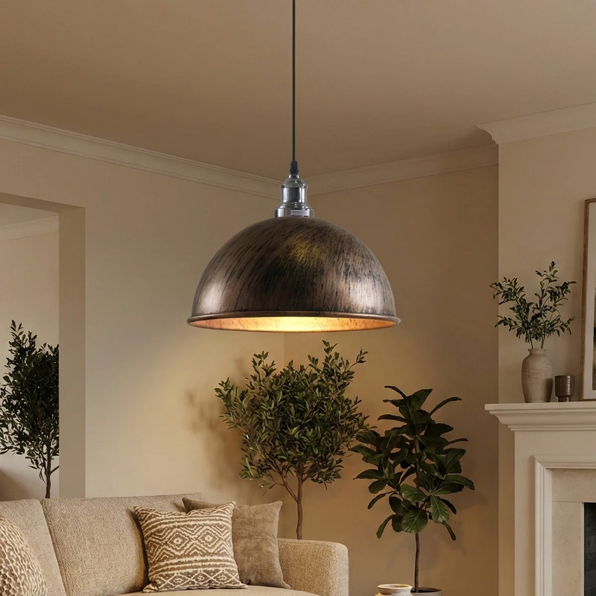Retro copper pendant light with a brushed nickel dome and white interior, hanging from a ceiling.