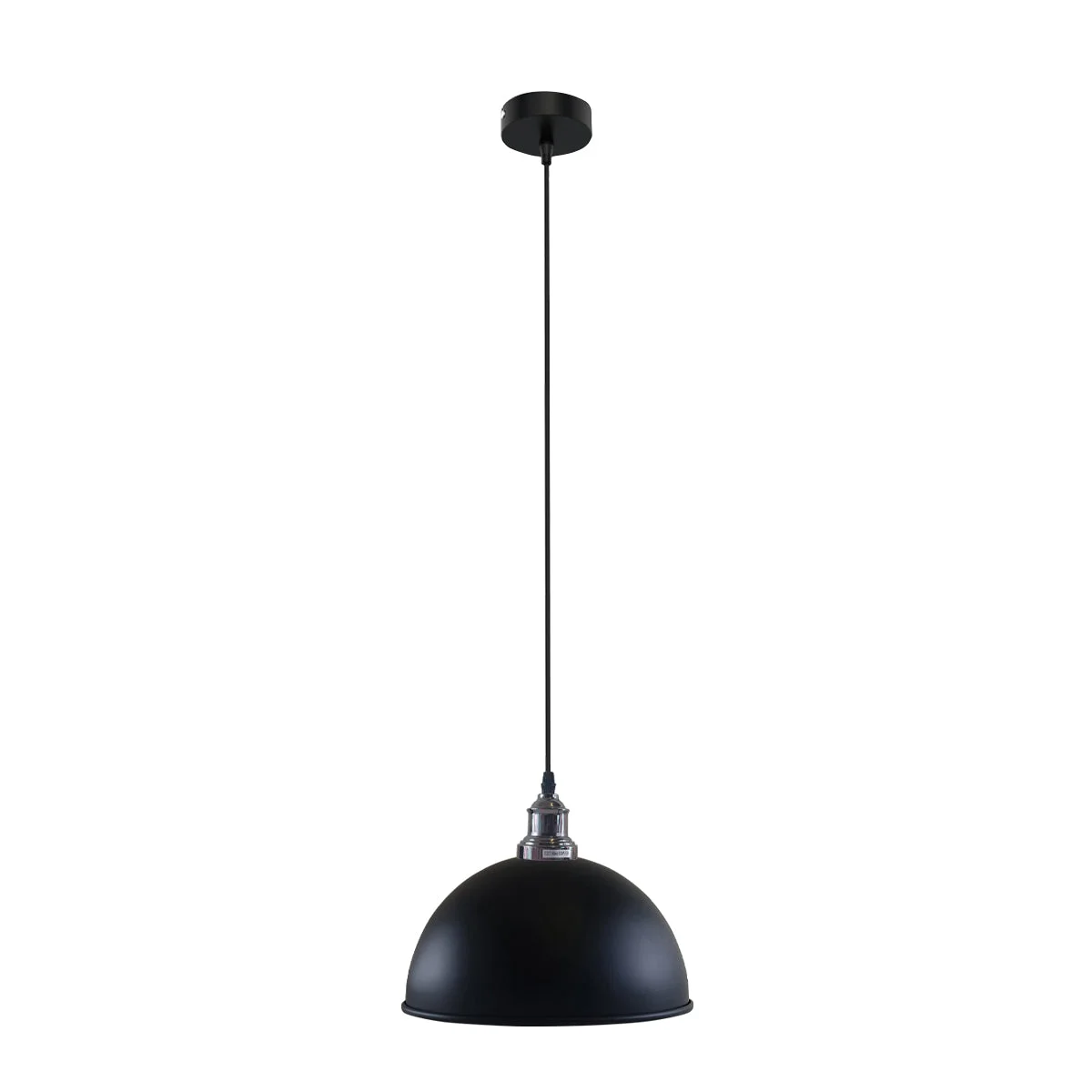 Black dome pendant light with brushed nickel finish, white interior, angled for sloped ceilings – a modern ceiling light