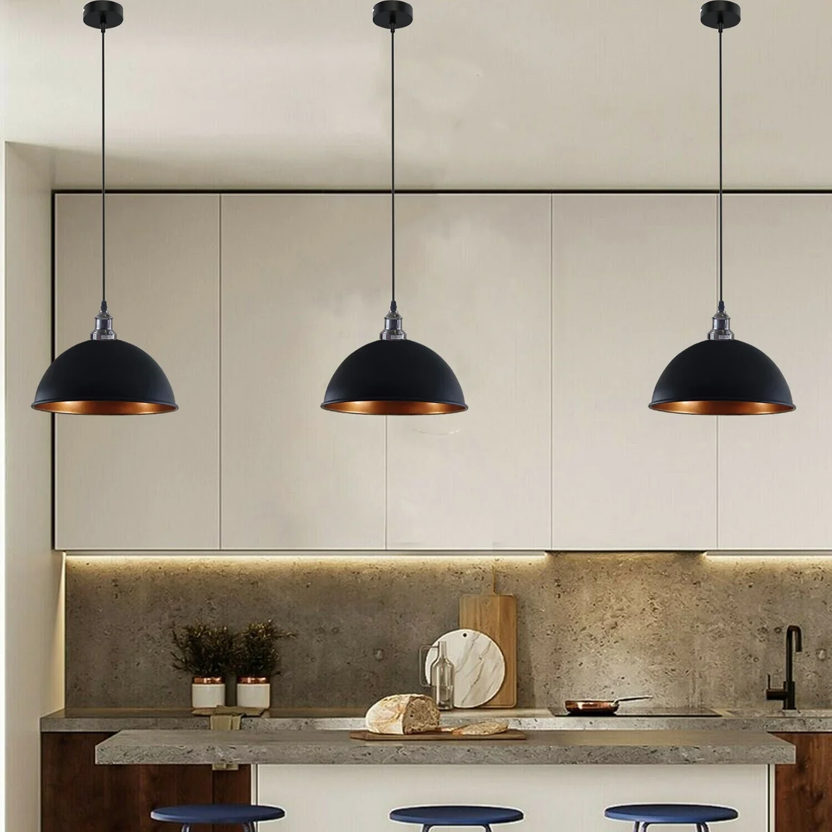 Brushed nickel black and brass pendant light with angled base and white hood, suspended 95cm, suitable for sloped ceilings.