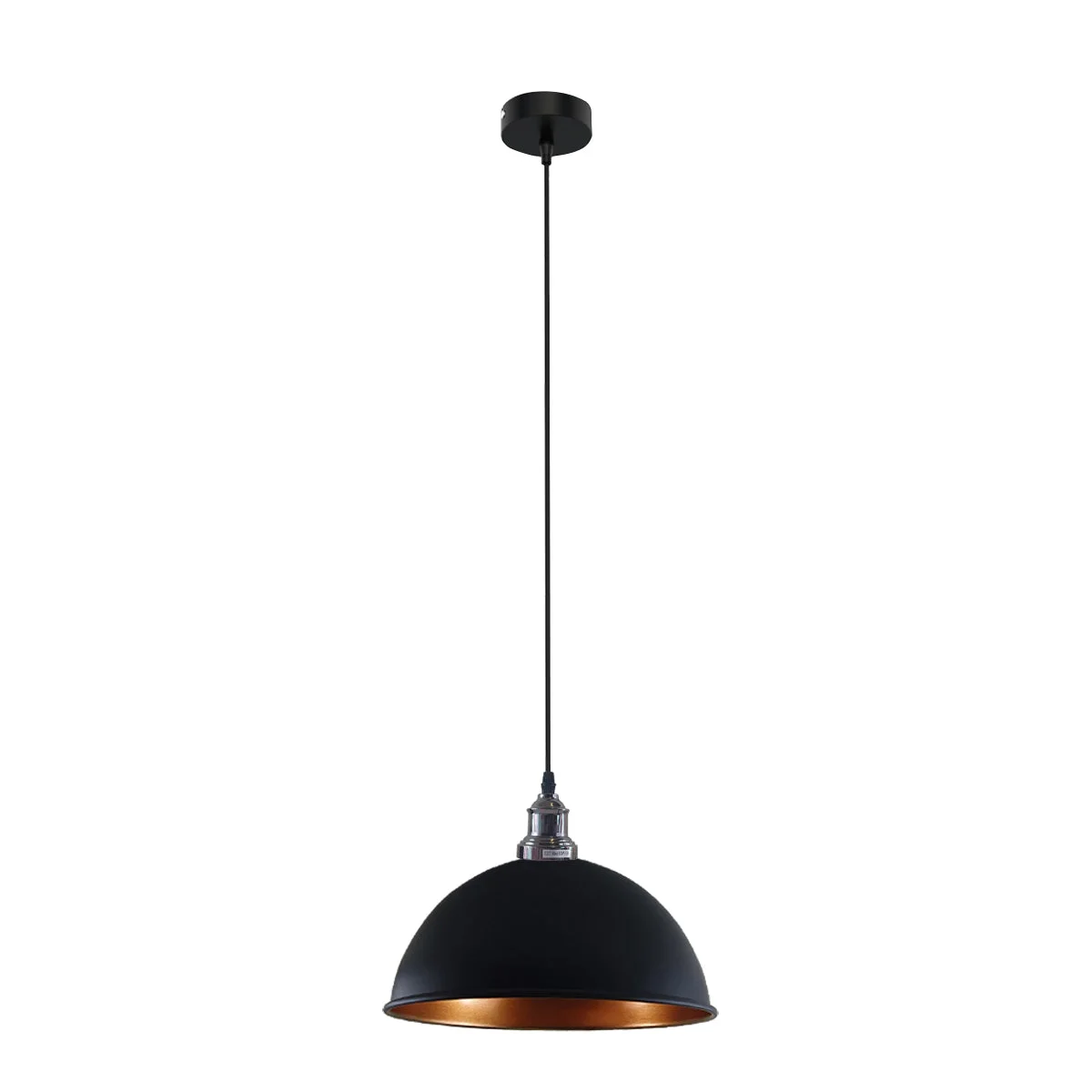 Metal pendant lamp with black and brass design, brushed nickel finish, angled hood, white interior, modern kitchen lighting