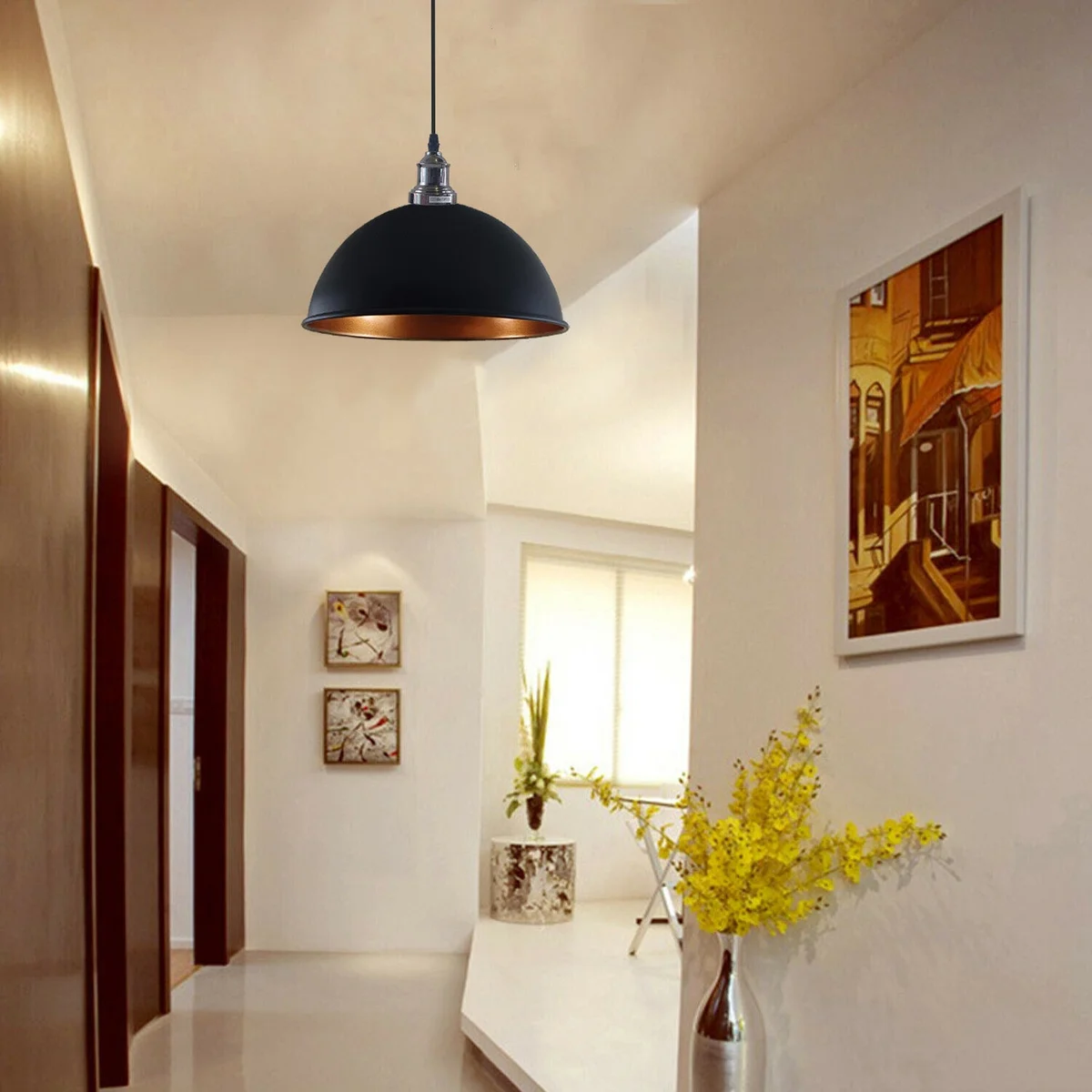Black and brass E27 pendant light with brushed nickel, white inner hood, angled for sloped ceilings, from metal base