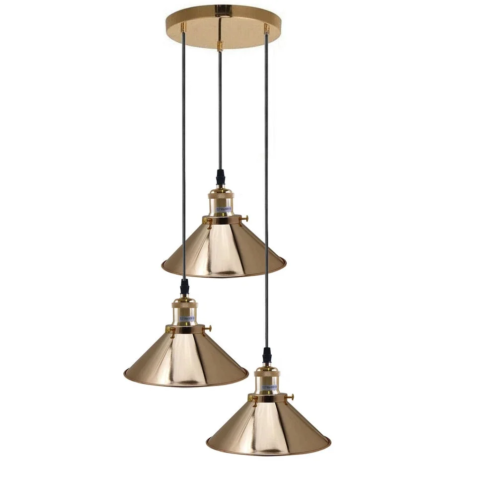 Three‑head vintage industrial pendant light with adjustable 95 cm cable, French Gold / Rose Gold metal lampshades E27 holders
