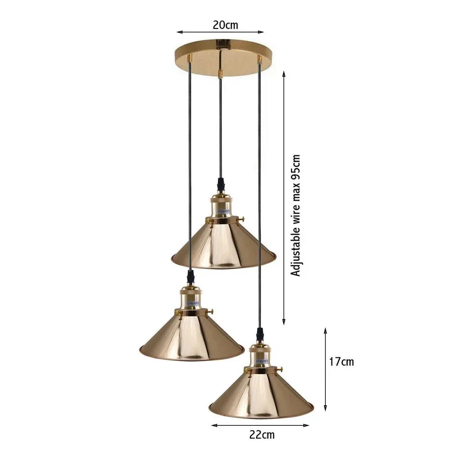 Three French Gold metal ceiling lampshades, 20 cm flat shade, hanging from a ceiling rose, a metal ceiling lampshade.