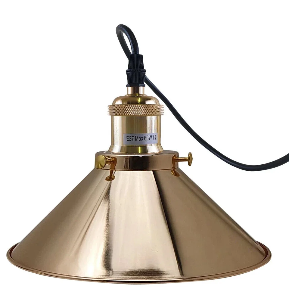 Three French Gold metal lamps with adjustable pendant lighting, flat 20 cm shades, minimal vintage style.