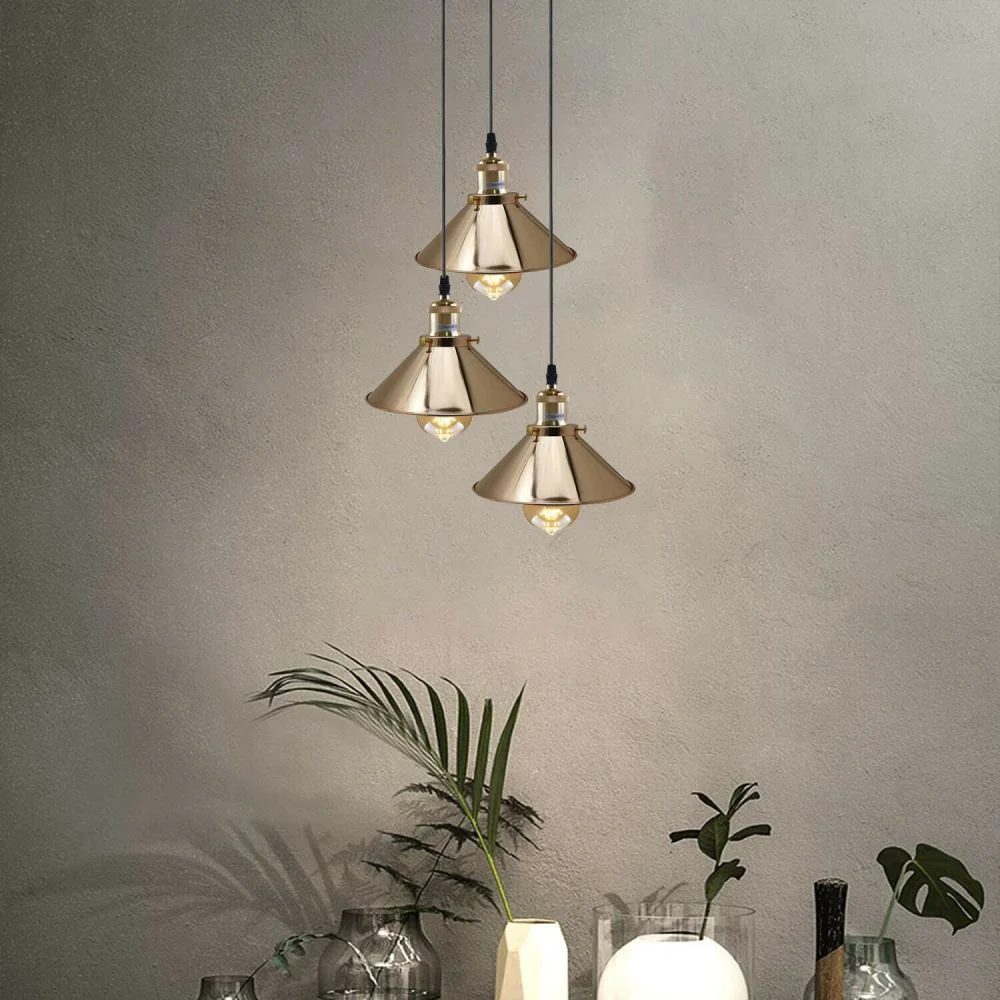 French Gold 3‑head industrial ceiling lamp with flat metal shades, adjustable 95 cm cords, hanging from a rose, for E27 bulbs.