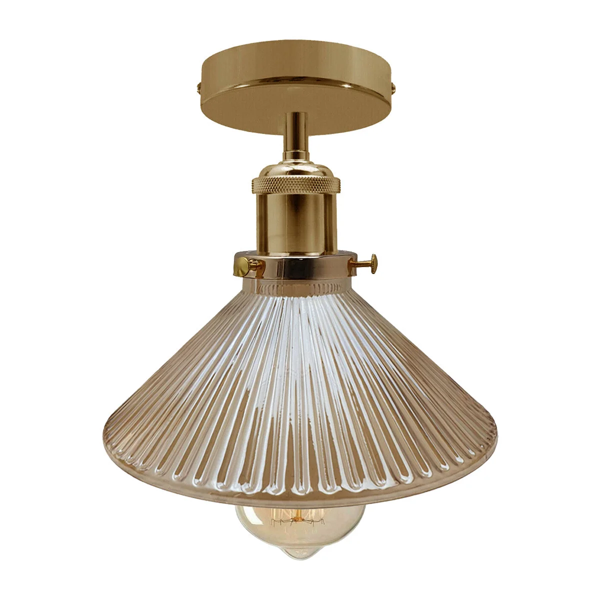 French gold glass ceiling light with amber shade, conical shape, black finish, suitable for indoor use.