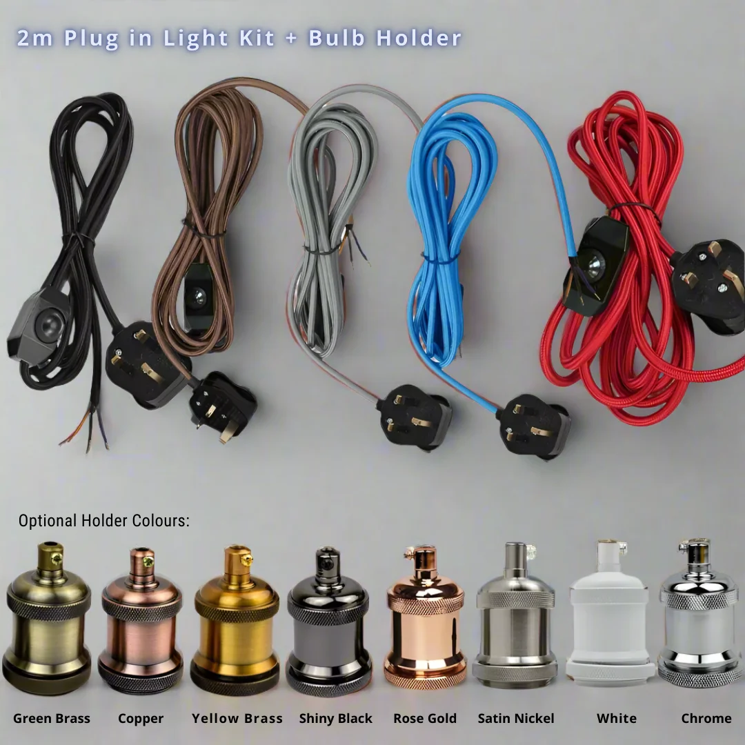 Plug in pendant light with 2 m fabric cable, dimmer switch and 3‑pin plug, featuring black fabric covered holder.
