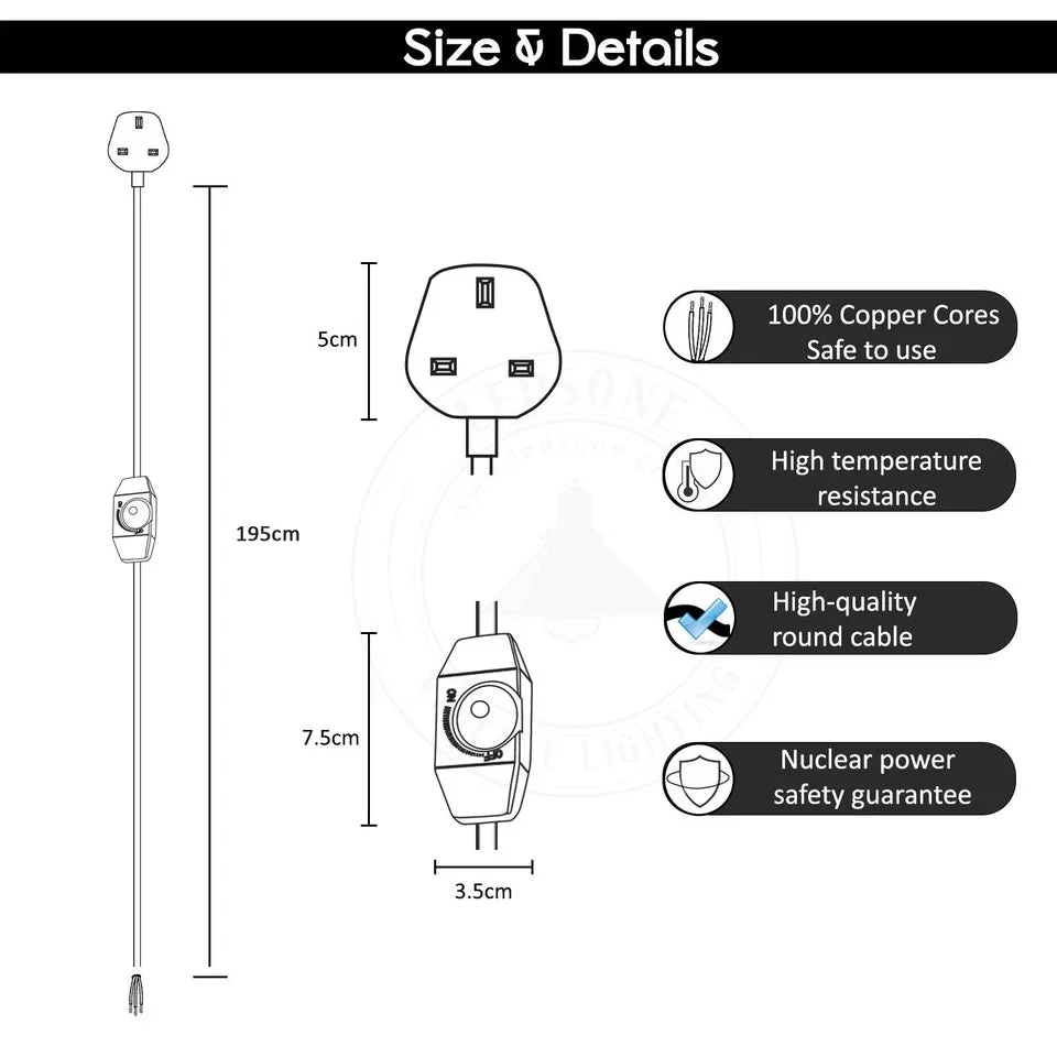 Fabric covered cable light holder with 2m braided fabric cable and dimmer switch, UK plug.