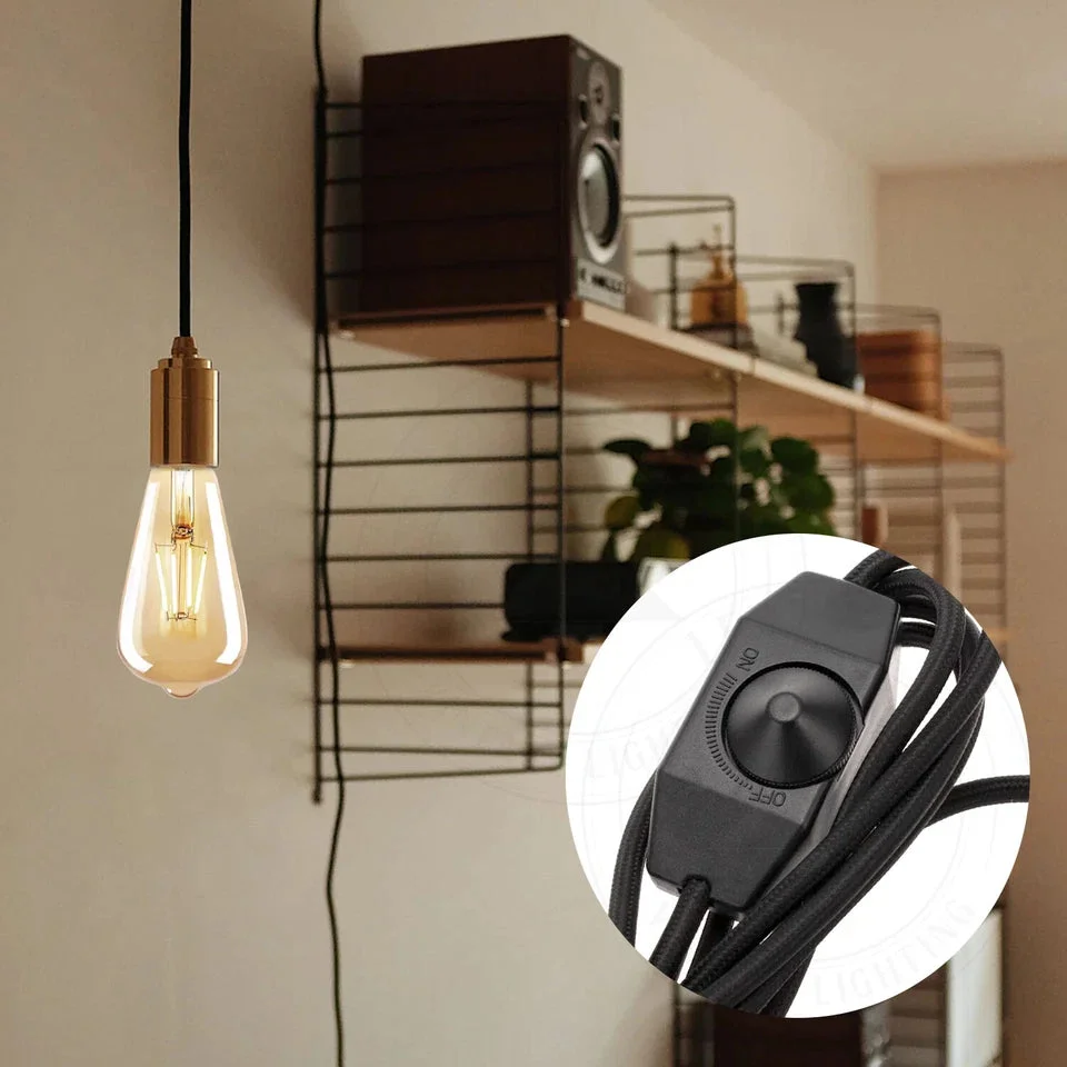Black fabric‑covered pendant light with 2m cable, UK plug, dimmer and E27 socket holder
