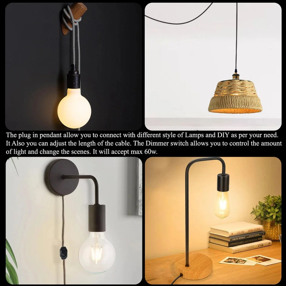 UK plug pendant light with fabric‑covered 2m cable, black holder, dimmer switch and E27 socket